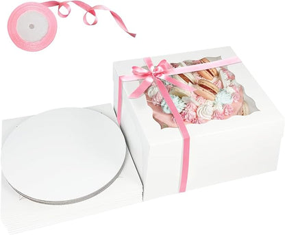 qiqee White 10x10x8 Cake Box, 4 Sets Cake Box with Window ＆ 4 Sets 10" Cake Round Boards, 10inch Cake Containers, 10 Meters Pink Silk Ribbon Includes