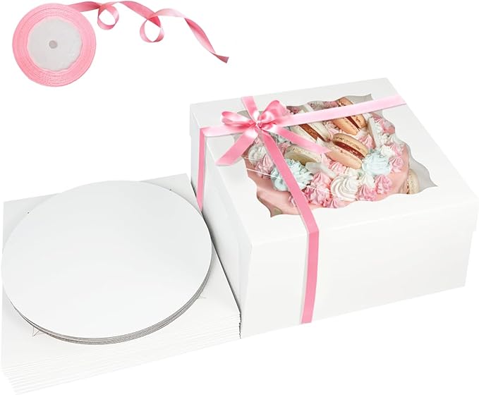 qiqee White 10x10x8 Cake Box, 18 Sets Cake Box with Window ＆ 18 Sets 10" Cake Round Boards, 10inch Cake Containers, 10 Meters Pink Silk Ribbon Includes