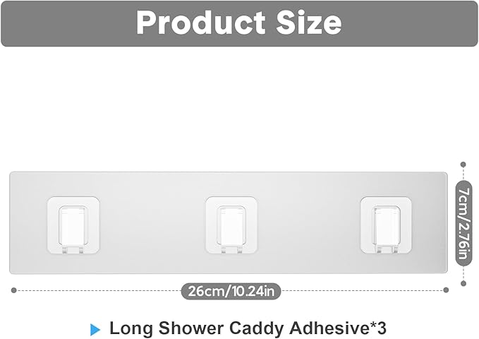 3 Pack Shower Caddy Adhesive Replacement, Waterproof Shower Shelf Adhesive Strips, Strong Adhesive Flat Hooks for Bathroom Storage Shelves and Kitchen Racks No Drilling, Clear