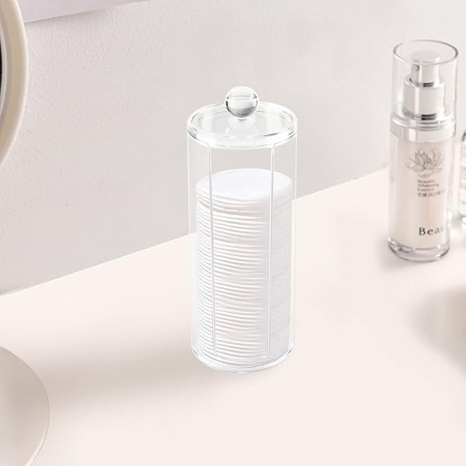 Acrylic Cotton Rounds Holder with Lid for Vanity, Facial Makeup Remover Pads Organizer, Clear Round Cosmetic Storage Display Cases