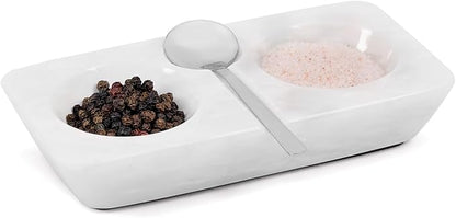Marble Salt and Pepper Dish with Spoon, Handcrafted Double Spice Tray with 2 Compartments, Natural Stone Condiment Dish for Cooking Prep and Serving - White