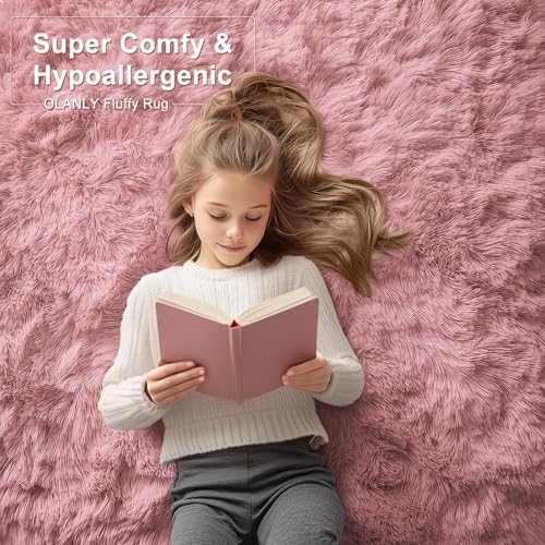OLANLY 2x5 Machine Washable Runner Rugs for Hallway, Soft Fluffy Shaggy Bedside Rugs for Bedroom, Living Room, Indoor Floor Carpet for Kids Girls Boys, Nursery Rooms, Home Decor Aesthetic, Pale Pink - Image 5