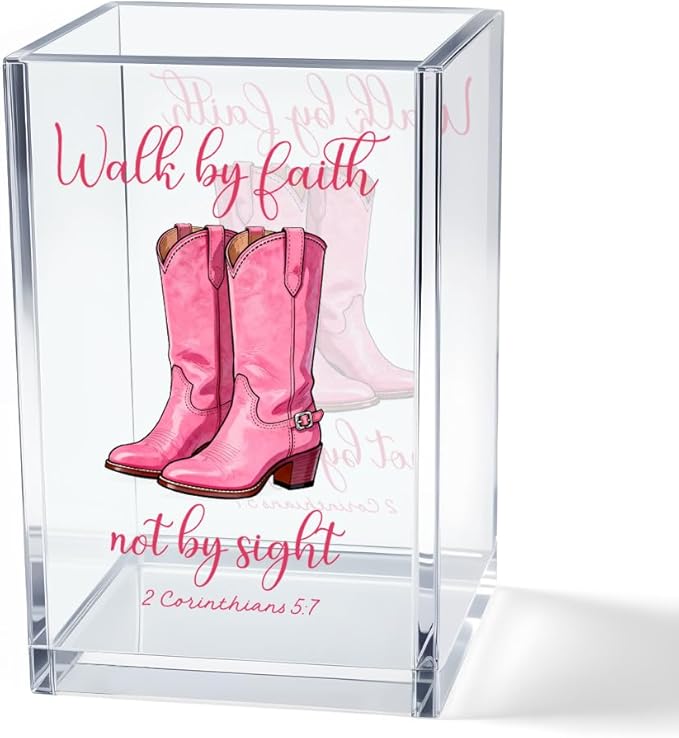 Walk by Faith Not by Sight 2 Corinthians 5:7 Acrylic Cosmetic Pencil Pen Holder Cup, Western Cowgirl Desk Organizer for Home Office Decor, Pink Christian Faith Gifts for Women Girls Coworkers