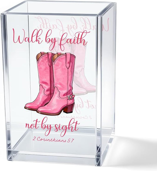 Walk by Faith Not by Sight 2 Corinthians 5:7 Acrylic Cosmetic Pencil Pen Holder Cup, Western Cowgirl Desk Organizer for Home Office Decor, Pink Christian Faith Gifts for Women Girls Coworkers