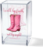 Walk by Faith Not by Sight 2 Corinthians 5:7 Acrylic Cosmetic Pencil Pen Holder Cup, Western Cowgirl Desk Organizer for Home Office Decor, Pink Christian Faith Gifts for Women Girls Coworkers