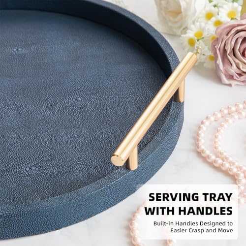 Modern Decorative Serving Tray, Round Shagreen Tray with Gold Polished Metal Handles, Decorative Trays Coffee Table Ottoman Trays for Living Room Bathroom Home Decor, Set of 2 (Blue) - Image 4