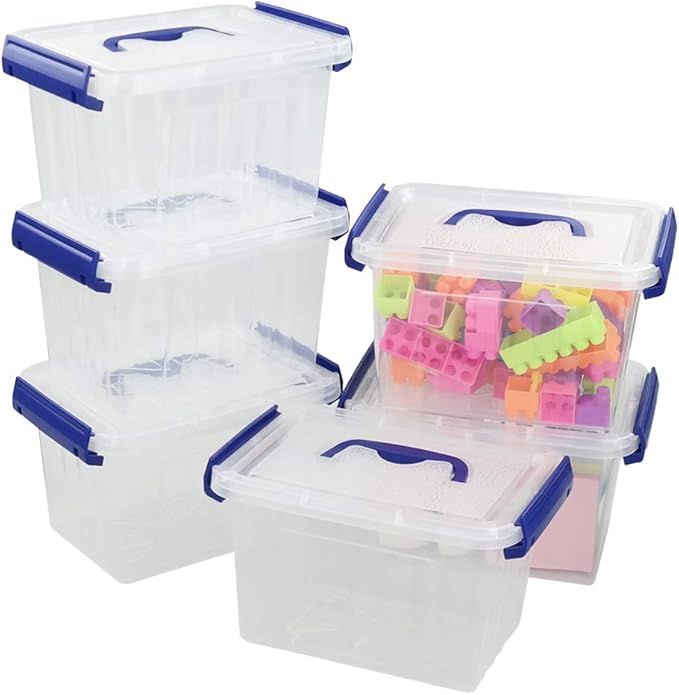 Pekky Plastic Small Handle Storage Box, 3.5 Quart Clear Plastic Bins, 6 Packs(Blue)