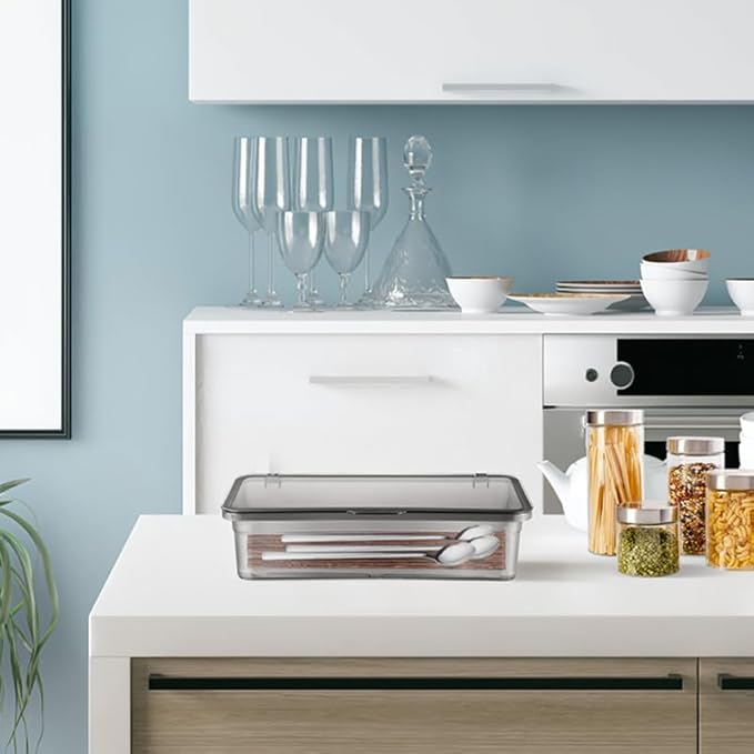 Tofficu Tableware Storage Box with Drain Plate 10.55X4.72X2.75In Covered Utensil Organizer for Kitchen Drawer Countertop Silverware Holder for Chopsticks and Cutlery
