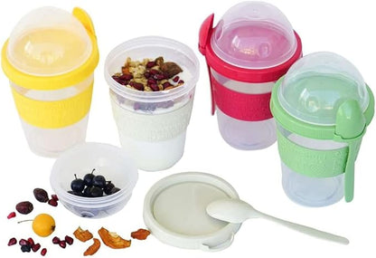 LEVKO Go Cereal Crunch Breakfast Yogurt Cups with Lids and Spoon Reusable Smoothie Oatmeal Container Snack Prep Bowl (SET OF 4 RED YELLOW GREEN WHITE)