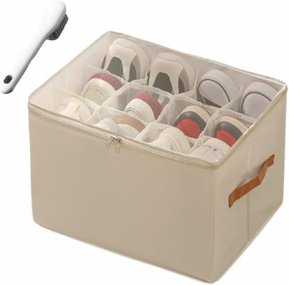 Fabric Shoe Organizer Storage Box,With Adjustable Dividers For Shoe Box,12 Separate Compartments For Boots Heels Sneakers (White,Set1)