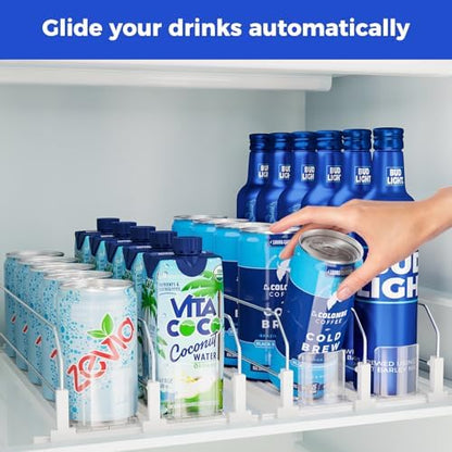 Puricon Drink Organizer for Fridge Pusher Glide Bundle with Expandable Pot and Pan Organizer for Cabinet with 10 Dividers