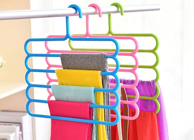 HappyDaily Slip Free 5 Layers Closet Pants Organizer, Multifunctional Space Saving Cloth Hanger for Clothes Trousers Scarfs Ties (3 Pack, Pink/Green/Blue)