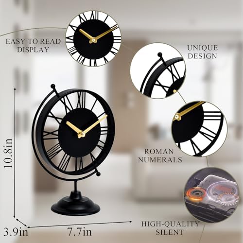 EMAX HOME Unique Globe Black Table Clock, Silent Non-Ticking Desk Clock Battery Operated, 10.8 Inch Vintage Mantel Shelf Clock with Roman Numerals for Living Room Decor, Bedroom Nightstand & Office - Image 3