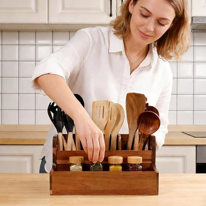 Kitchen Utensil Holder for Countertop with 4 Compartments Acacia Large Utensil Holder Wooden Storage for Cooking,Baking,Flatware Tool Kitchen Utensil Organizer. ﻿.