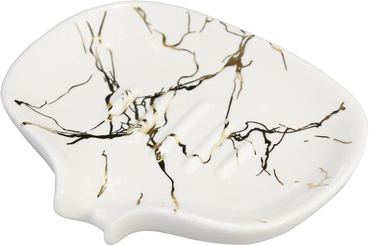 Gold Marble Texture Soap Dish Ceramic Soap Holder Self Draining Soap Dish Waterfall Slot Sponge Holder Bathroom Accessories for Bathroom, Kitchen,Bar Counter.