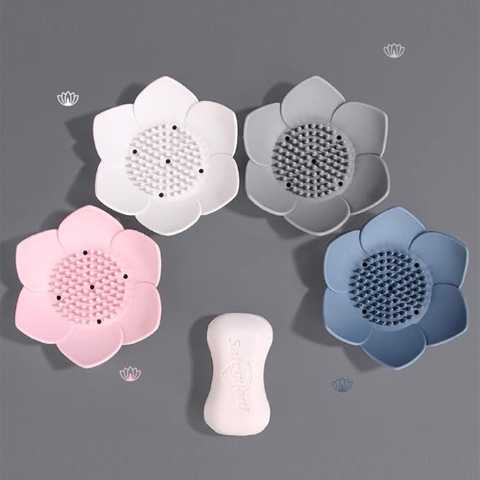 Silicone Soap Dishes with Draining. Bathroom Bar Soap Holder for Shower. Soap Tray for Kitchen Sink. Flower Shape Soap Saver for Counter, Bathtub. (4 Pack, White,Grey,Pink,Blue)