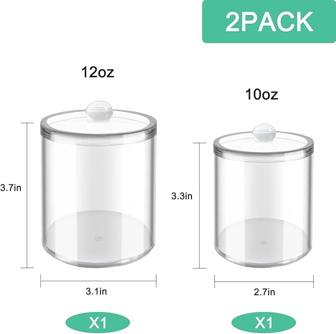 2 Pack Cotton Swab Holder, Transparent Acrylic Organizer with Lid, Clear Dispenser for Swabs, Bathroom Organizer and Storage, Home Decor, 10oz and 12oz