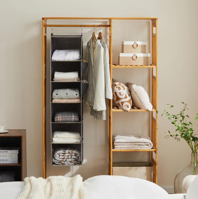 ANIS·KEAAR Large Hanging Closet Organizer and Storage,Collapsible 6-Shelf Washable Closet Hanging Storage Shelves for Bedroom,Bathroom (Grey)
