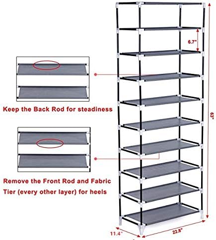 10 Tiers Shoe Rack with Dustproof Cover Shoe Storage Organizer Cabinet Shoe Shelf Tower,Non-Woven Fabric Cover (Black)