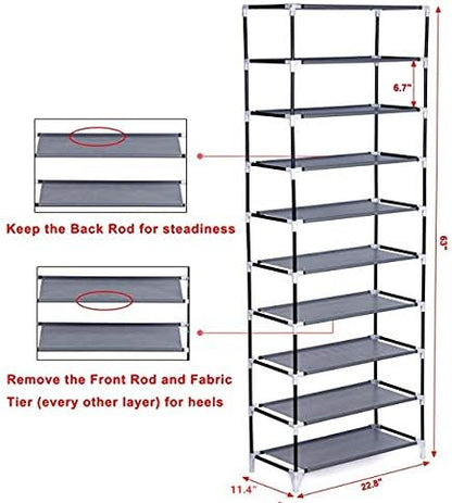 10 Tiers Shoe Rack with Dustproof Cover Shoe Storage Organizer Cabinet Shoe Shelf Tower,Non-Woven Fabric Cover (Black)