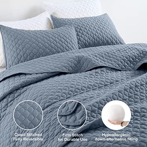 HORIMOTE HOME Quilt King Size Dusty Blue, Lightweight Quilt for Summer Ultra-Soft Microfiber Modern Style Quilted Clouds Pattern Bedspread Quit Set 3 Pieces(1 Quilt and 2 Pillow Shams) - Image 3