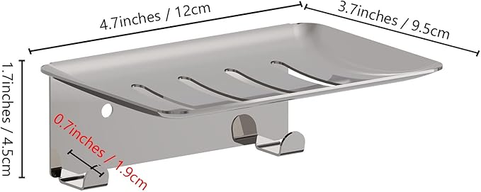 Soap Dish for Shower, 4 Slot Self-Adhesive Soap Holder for Bathroom, Wall Mounted Shower Soap Holder with Hook, Stainless Steel Soap Tray Reflective Silver