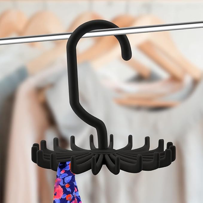 Tie Rack, 360 Degree Rotatable Belt and Scarf Hanger, 20 Hook Organizer, Black, PP Material, Space Saving Closet Storage, 4.3x4.3x0.6 Inch