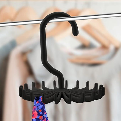 Tie Rack, 360 Degree Rotatable Belt and Scarf Hanger, 20 Hook Organizer, Black, PP Material, Space Saving Closet Storage, 4.3x4.3x0.6 Inch