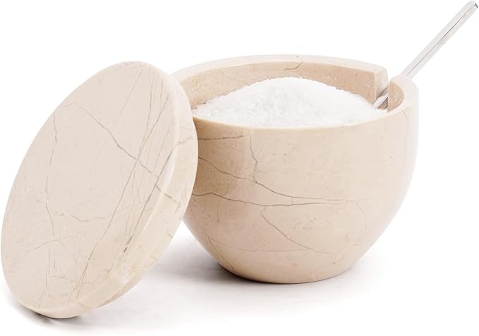 MARBLOUS KRAFTS Marble Flaky Salt Cellar with Lid and Spoon of 4.7 oz Verona Seasoning Container for Countertop Use, Ideal for Stone Salt, Sugar Candy Bowl, and Spices