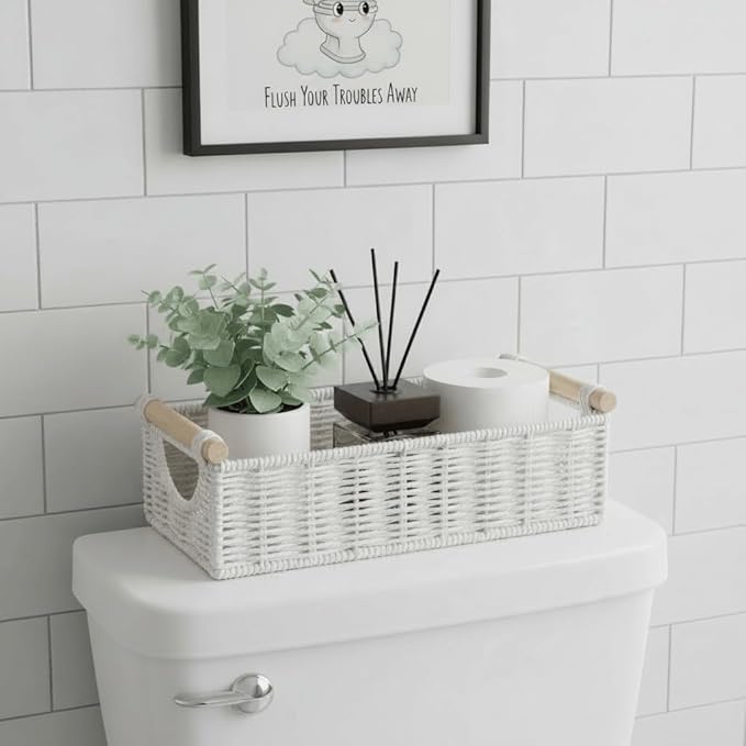 CubesLand Small Wicker Toilet Basket Tray Organizer W/Cut Out Handle, Handwoven Slim Decorative Basket for Countertop, Shelves And for Rustic Home Decor, Living Room, Nursery Organization, Cream