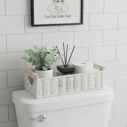 CubesLand Small Wicker Toilet Basket Tray Organizer W/Cut Out Handle, Handwoven Slim Decorative Basket for Countertop, Shelves And for Rustic Home Decor, Living Room, Nursery Organization, Cream