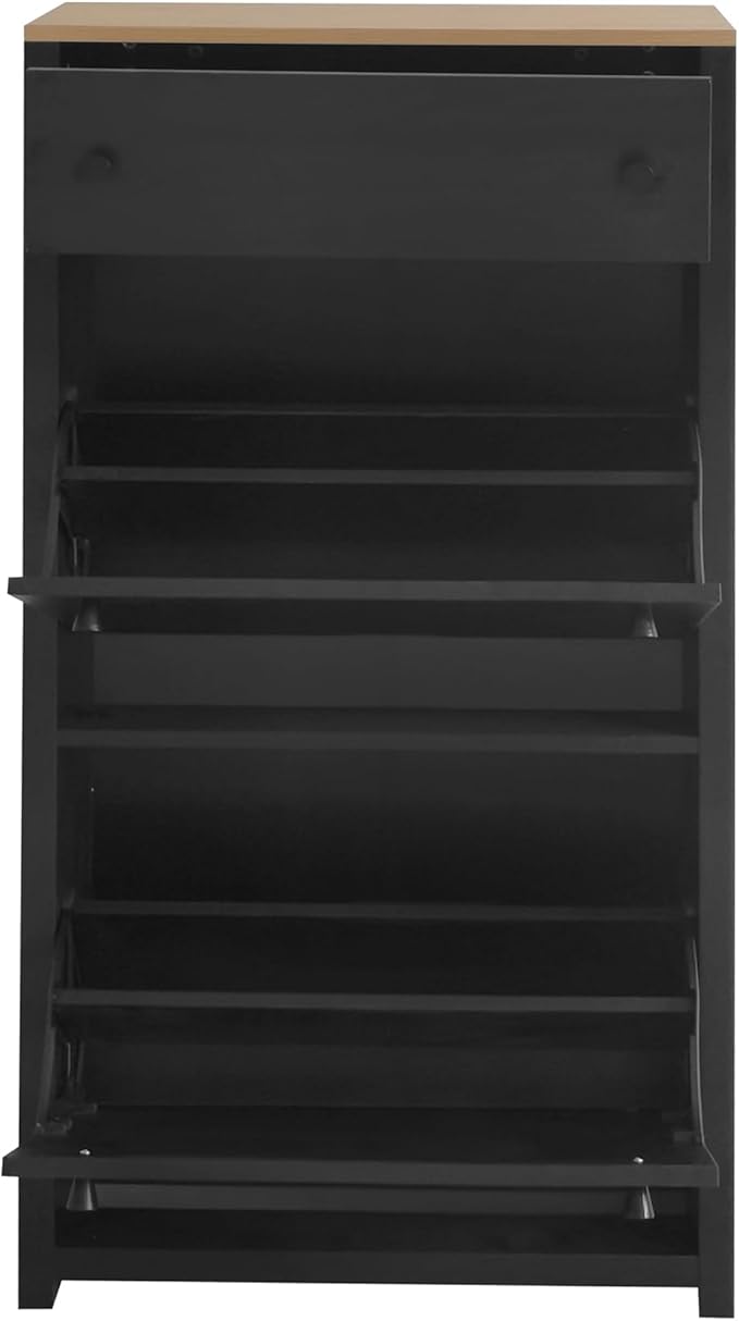 Modern Shoe Cabinet with 2 Flip Doors and 1 Storage Drawer Free-Standing Wooden Shoe Rack Shoe Storage Organizer for Entryway Hallway Small Space(Black&Natural)
