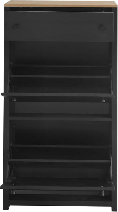 Modern Shoe Cabinet with 2 Flip Doors and 1 Storage Drawer Free-Standing Wooden Shoe Rack Shoe Storage Organizer for Entryway Hallway Small Space(Black&Natural)