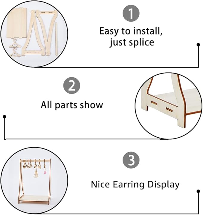 SUPERFINDINGS 32 Holes Wood Miniature Hangers and Clothes Rack Earring Hanger Rack with 8 Mini Hangers Tabletop Jewelry Display Stand for Jewelry Display Supplies, 15.5x10x21.6cm