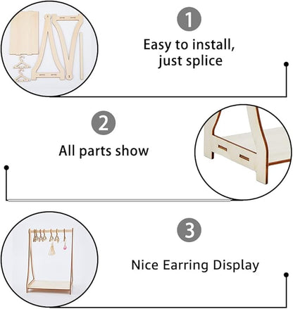 SUPERFINDINGS 32 Holes Wood Miniature Hangers and Clothes Rack Earring Hanger Rack with 8 Mini Hangers Tabletop Jewelry Display Stand for Jewelry Display Supplies, 15.5x10x21.6cm