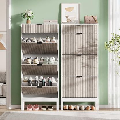 IDEALHOUSE Shoe Storage Cabinet with 3 Flip Drawers, Farmhouse Fluted Shoe Organizer with Metal Legs, Freestanding Hidden Slim Narrow Shoe Rack for Entryway, Foyer, Hallway