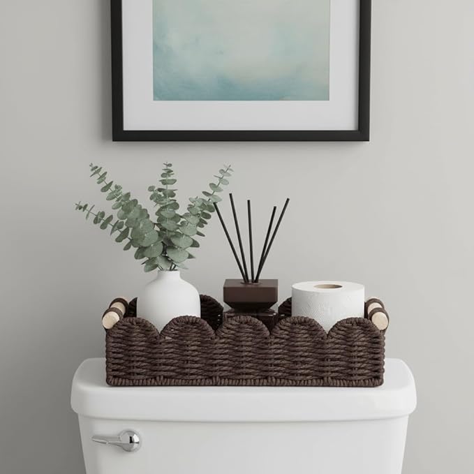 CubesLand Toilet Paper Storage Basket Organizer, Small Wicker Toilet Tank Top Decorative Baskets for Countertop, Handwoven Scalloped Basket w/handle for Home Decor, Living Room, Bedroom, Brown