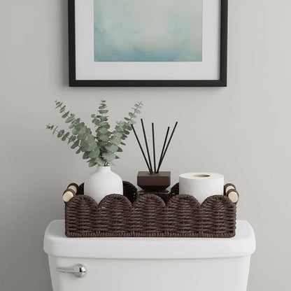 CubesLand Toilet Paper Storage Basket Organizer, Small Wicker Toilet Tank Top Decorative Baskets for Countertop, Handwoven Scalloped Basket w/handle for Home Decor, Living Room, Bedroom, Brown