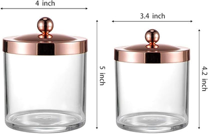 SheeChung 2-Pack Plastic Apothecary Jars with Rose Gold Metal Lids - 25oz & 15oz Clear Acrylic Qtip Holder Set - Shatterproof Bathroom Vanity Organizer for Cotton Balls, Swabs, Pads - Luxury Decor