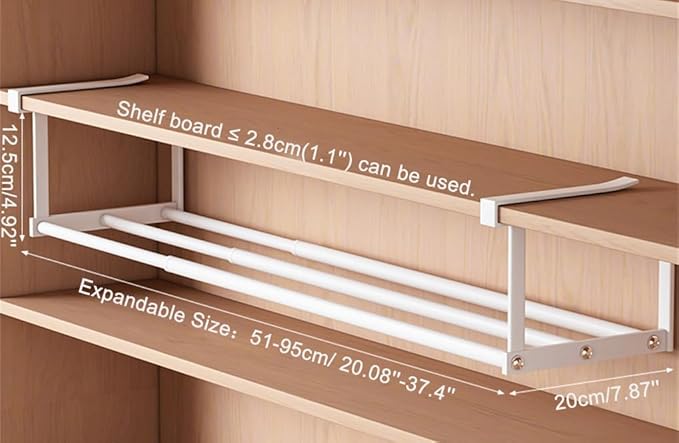 Expandable Shoe Rack Closet Hanging Organizer 20.08''-37.4'' Metal Adjustable Under Cabinet Storage Shelf Space Saving for Kitchen Pantry Room Dorm, White, 1 Pack