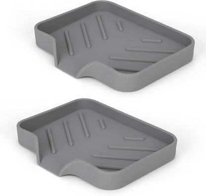 Silicone Soap Dish for Shower with Self Draining, 2 Pack Soap Holder for Bathroom, Silicone Sponge Holder for Kitchen Sink, Soap Tray for Dispenser, Scrubber, Bottle, 4.7"×3.9", Gray