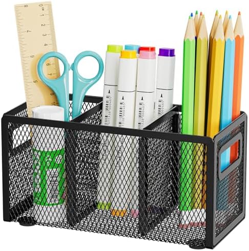 Marbrasse Mesh Pen Holder for Desk, Pencil Holder Desk Organizer 3 Adjustable Compartments, Pencil Cup with Handle Perfect for Classroom, Office, Home, Makeup, Art (Black) by Marbrasse