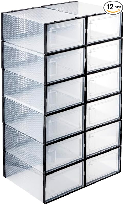MPM Shoe box 12pcs, Stackable Clear Plastic Shoe Organizer, Shoe Rack, Sneaker Storage Box with Lid, For Men and Women S