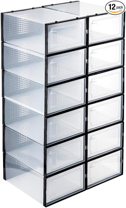 MPM Shoe box 12pcs, Stackable Clear Plastic Shoe Organizer, Shoe Rack, Sneaker Storage Box with Lid, For Men and Women S