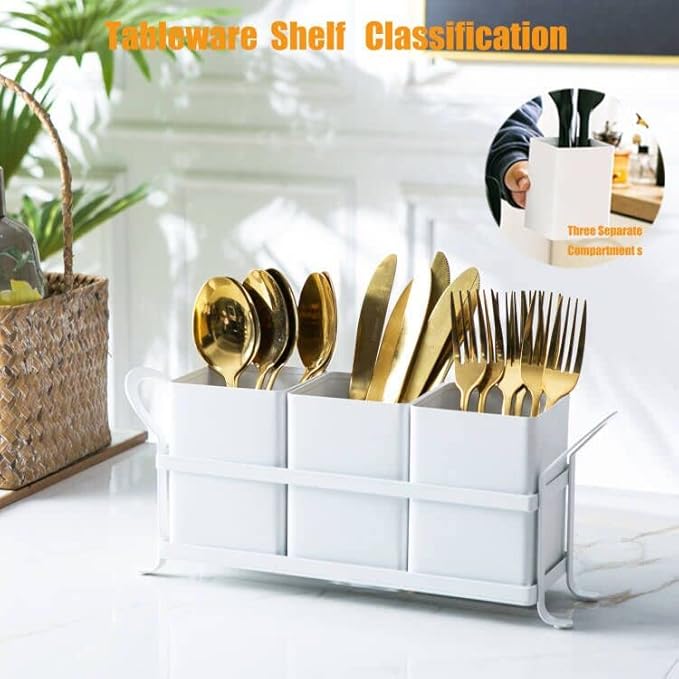 NelyBet White Metal Utensil Caddy, 3 Compartments, Portable Design, Perfect for Countertop, Outdoor, and Camping