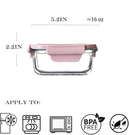 Square 2cup Glass Food Storage Containers with Airtight Lids, 16oz Glass Meal Prep Containers, Square Food Bowl For Lunch, Fruit, Snack, Dishwasher Microwave Freezer Safe (Pink+Green)