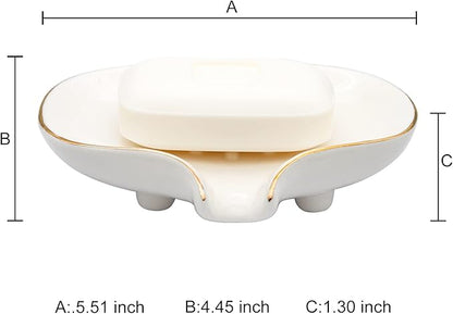 White Soap Dish Ceramic Self Draining Soap Dish Waterfall Slot Gold Edge Bathroom Accessories for Bathroom, Kitchen,Bar Counter