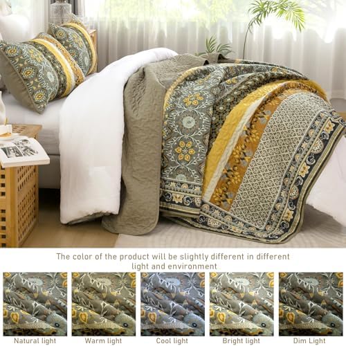 Yiran Quilts Queen Size, Taupe Yellow Boho Vintage Bedspreads Bedding Set - Image 5