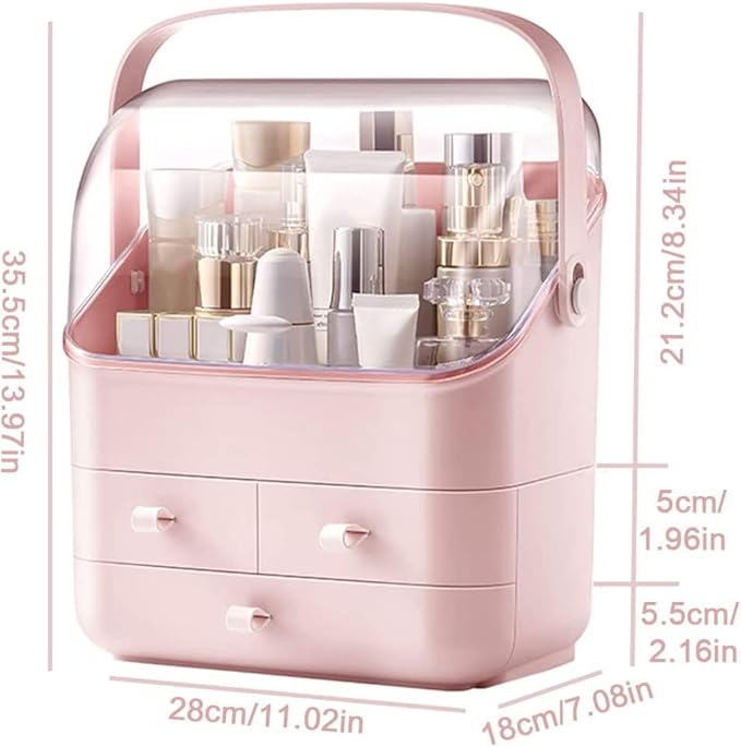 LINFIDITE Cosmetic Storage Box with Lid Waterproof&Dustproof Makeup Organizer Box Portable Handle,Large Makeup Display Case with Drawers Fully Open Lid,Great for Bathroom Countertop Bedroom Dresser