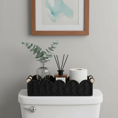 CubesLand Toilet Paper Storage Basket Organizer, Small Wicker Toilet Tank Top Decorative Baskets for Countertop, Handwoven Scalloped Basket w/handle for Home Decor, Living Room, Bedroom, Black